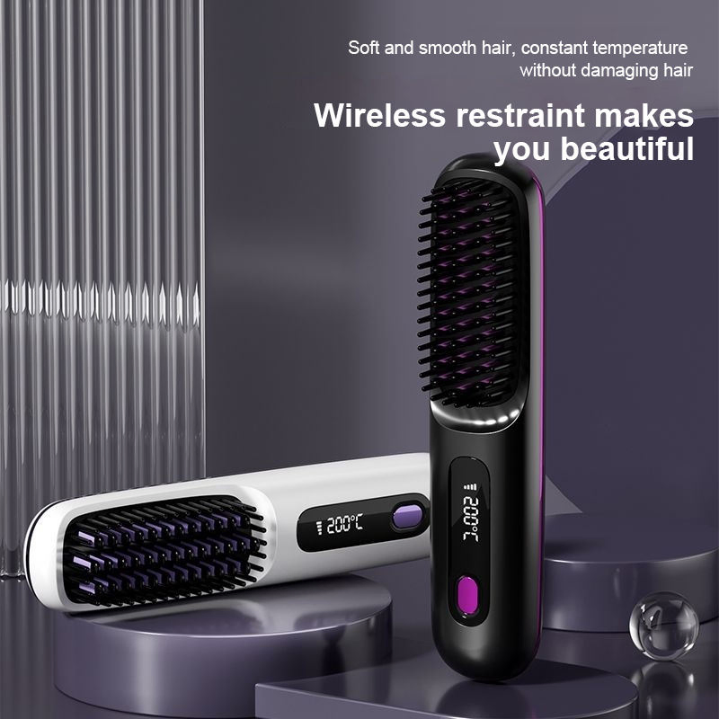Type-C Rechargeable Wireless Hair Straightener Brush Anti-Burn Design for Travel Business Trip or Daily Use