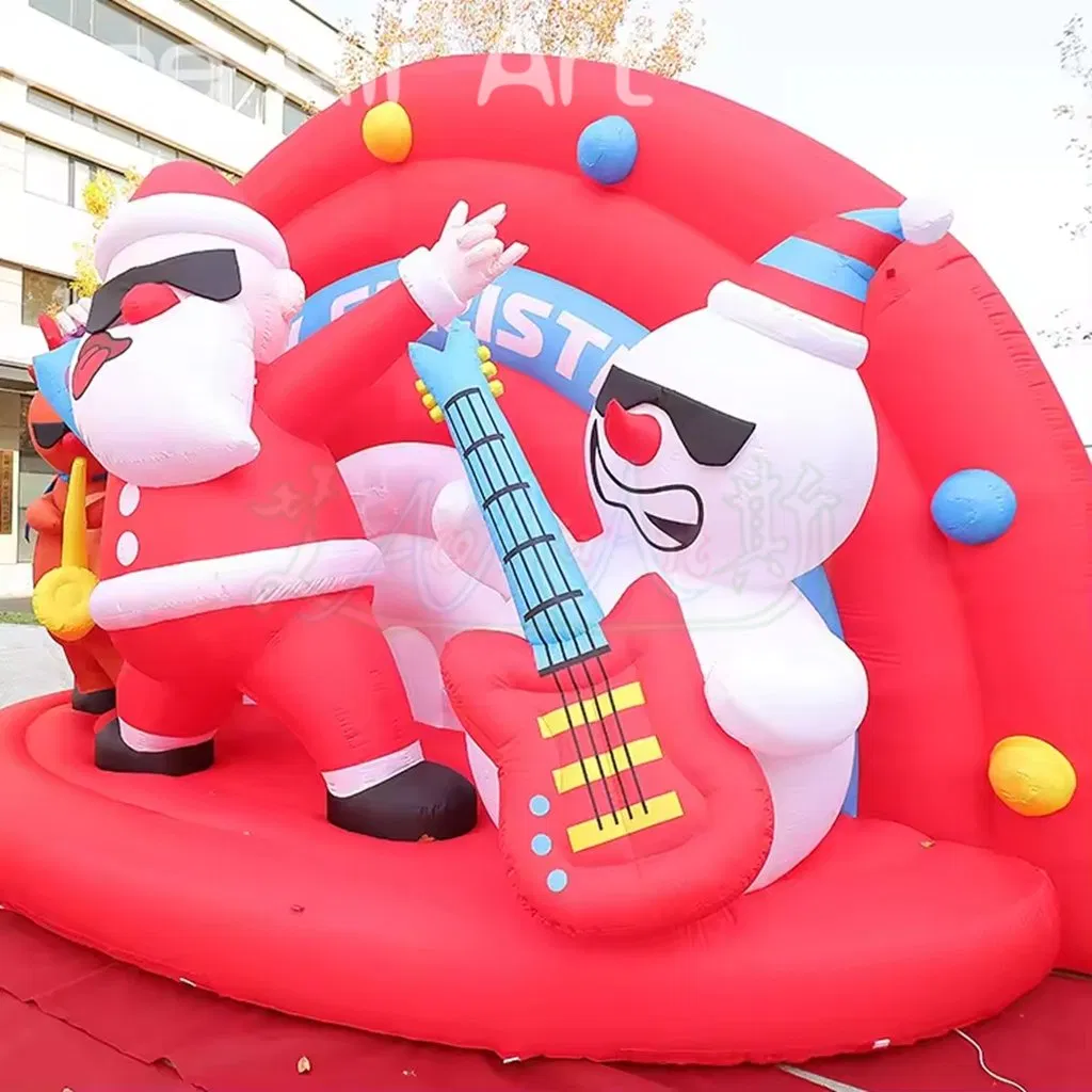 Inflatable Rock Stage with Cool Santa Playing Guitar Snowman and Music Reindeer Christmas Band Show