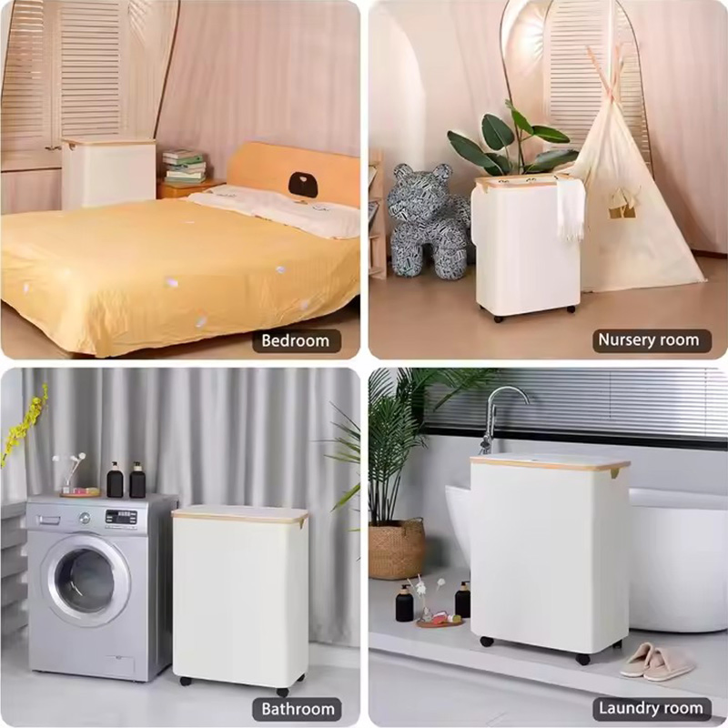 Fabric Canvas Storage Bag Bamboo Foldable Laundry Basket with Wheels for Stacking Dirty Clothes