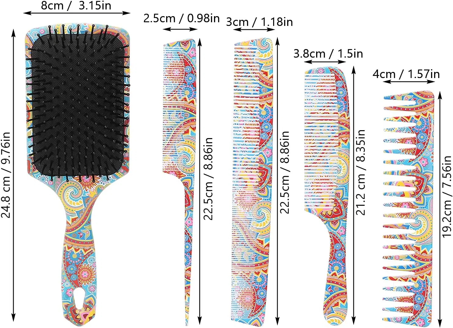 5PCS Hair Brush Comb Set Paddle Brush Tail Comb Wide Fine Teeth Hair Comb