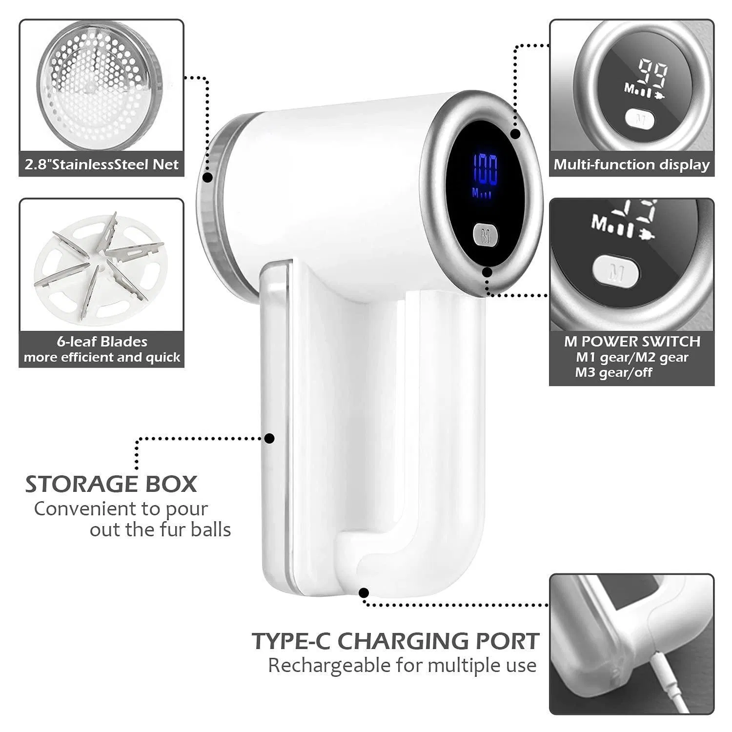 LED Display Big Trash Box 3-Speeds Rechargeable Fabric Shaver Electric Lint Remover