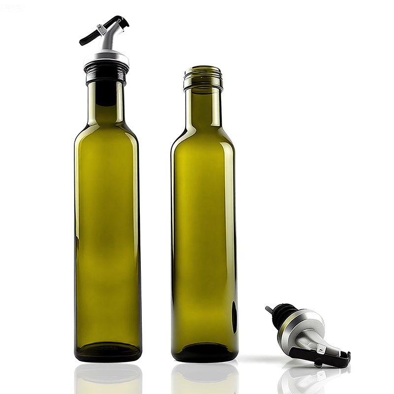 250ml Green Color Square Olive Oil Glass Bottle and Pouring Lid