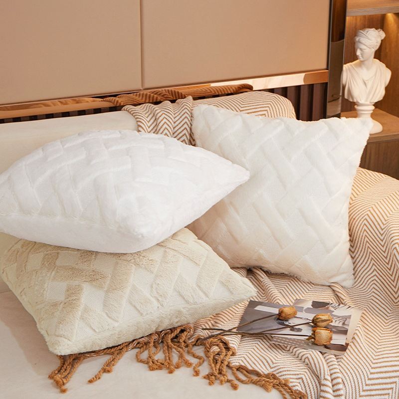 Faux Fur Beige Boho Throw Pillow with 3D Diamond Pattern for Sofa