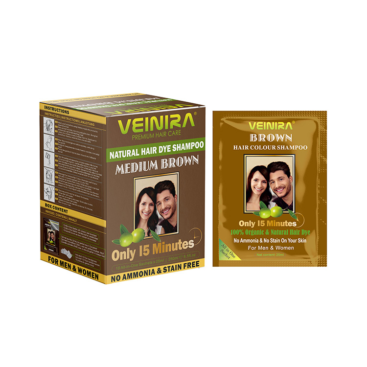 Veinira Hair Dye Shampoo Brown 100% Cover Grey Hair No Stain Skin