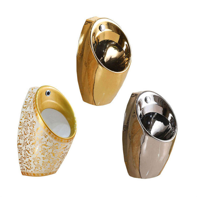 Luxury Gold Silver Pattern Wall-Hung Ceramic Sensor Urinal for Bathroom with Western Design