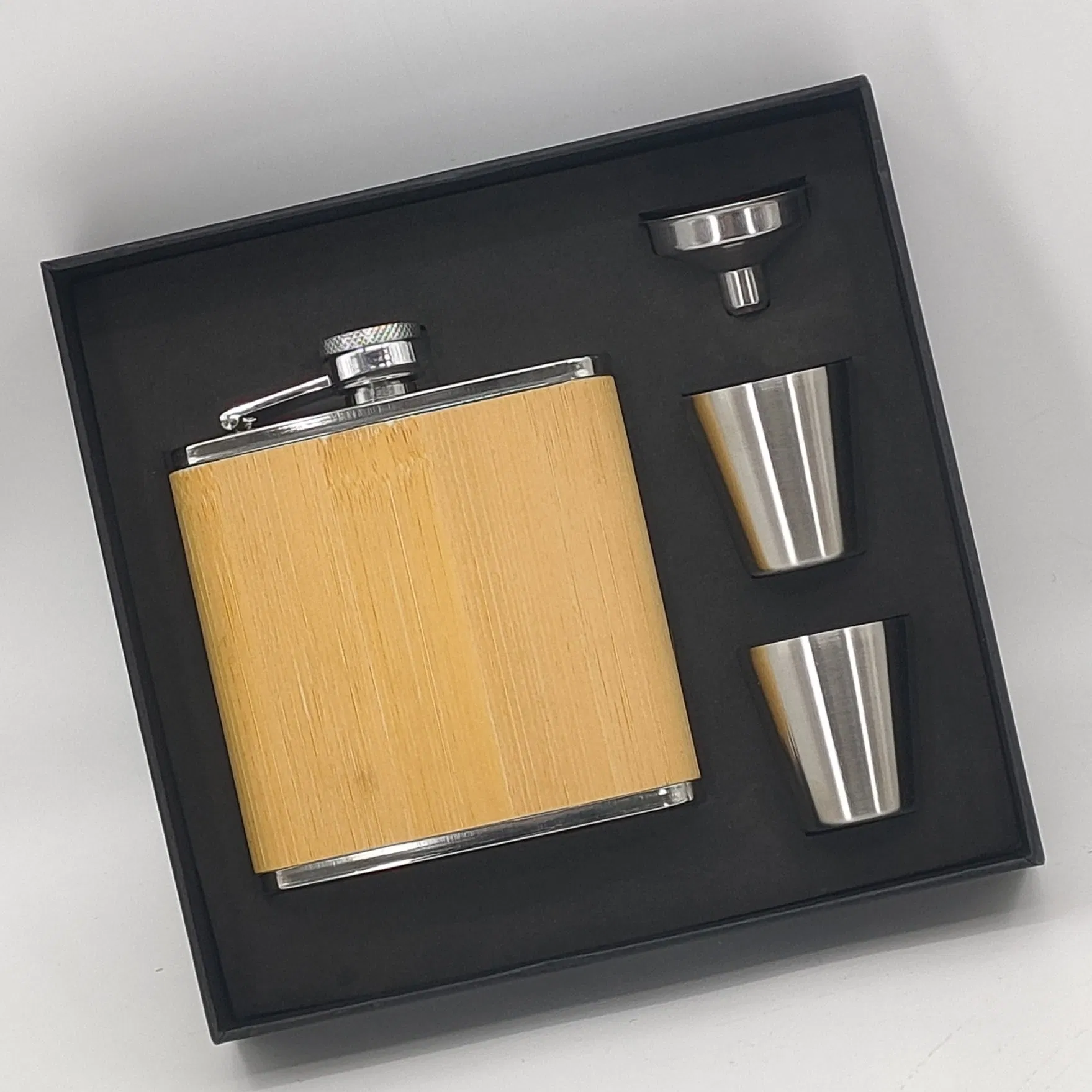 Bamboo Stainless Steel Flask Set with Shot Glasses & Funnel