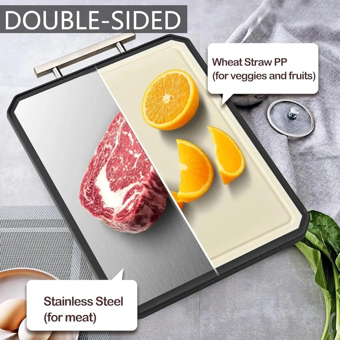 Large Double Sided 304 Stainless Steel Cutting Board for Kitchen Chopping Board with Handle