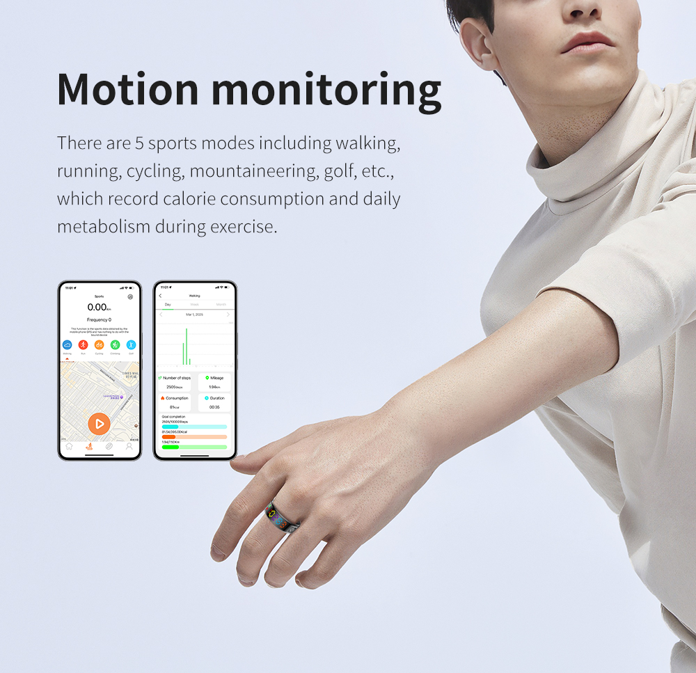 RS01z Smart Ring 5ATM Waterproof, 5 Sports Modes, Blood Oxygen/Sleep Analysis, Bluetooth 5.1