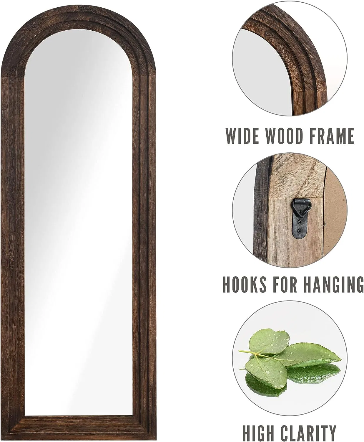 Arched Floor Mirror Wood Frame Wall Mounted Mirror Distressed Style Wide Frame Dressing Make up Mirror for Bathroom/Bedroom/Living Room/Dining Room/Entry