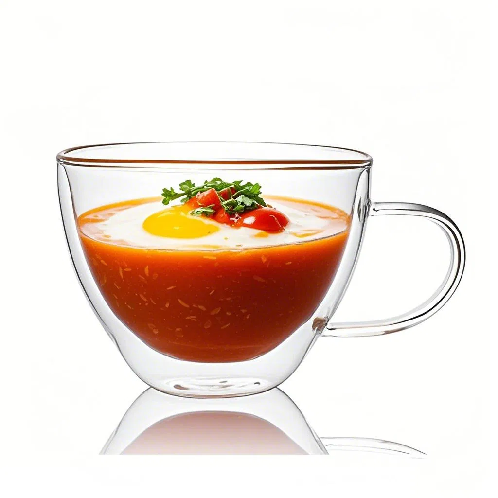 Wholesale Customized Clear Transparent Hand Made Heat Resistant Borosilicate Glass Double Wall Glass Bowl with Handle for Soup Glass Container