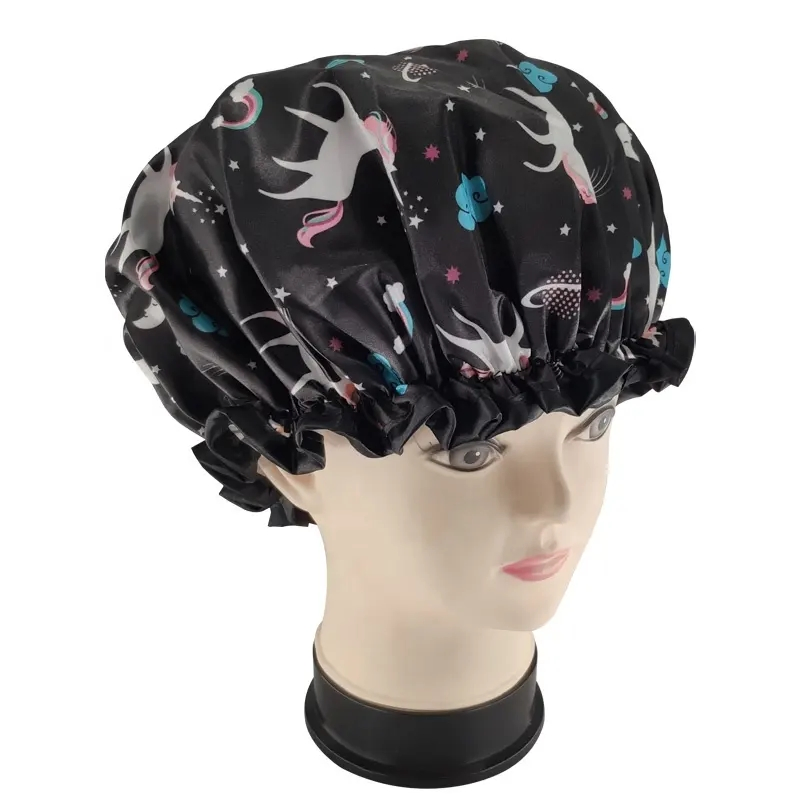 Digital Printing Cartoon Shower Caps Low MOQ Large Enough Elastic Double Layer