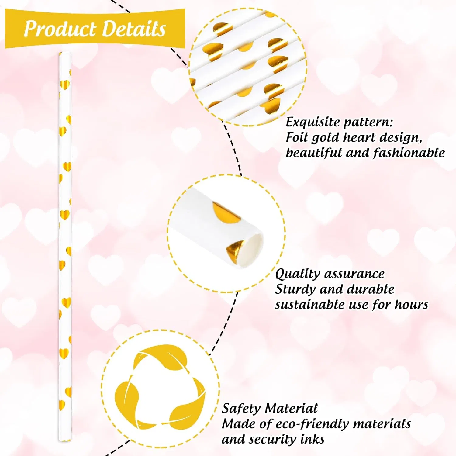 Rose Gold Polka DOT Foil Biodegradable 4-Ply or 3-Ply Paper Drinking Straws (Compostable, Non-toxic, BPA-free)