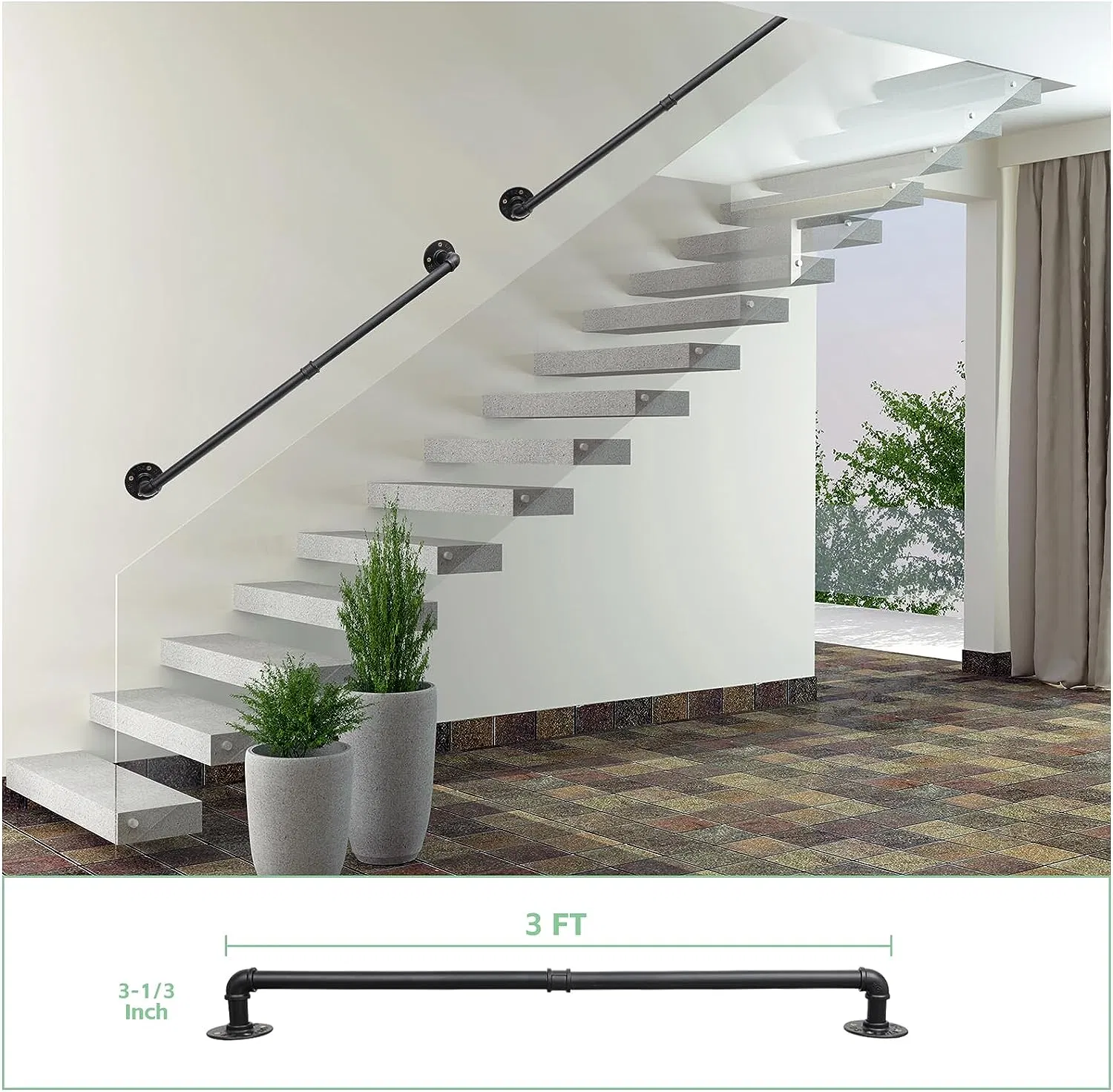 Stair Handrail Indoor 3 FT Wall Mounted Stair Railing for Outdoor