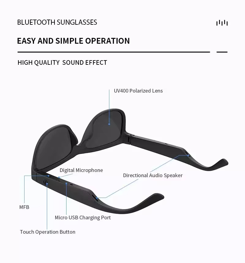 2024 Fashion Smart Audio Glasses Bluetooth UV400 Sunglasses with Tws Earphone Speaker for Men & Women