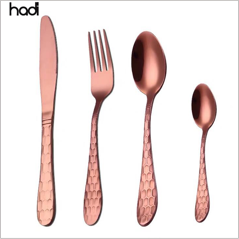 Wholesale Bulk Catering Spoon Sets Matte Golden Wedding Rental Stainless Steel Dinner Gold Plated Flatware Set Gold Hammered Cutlery