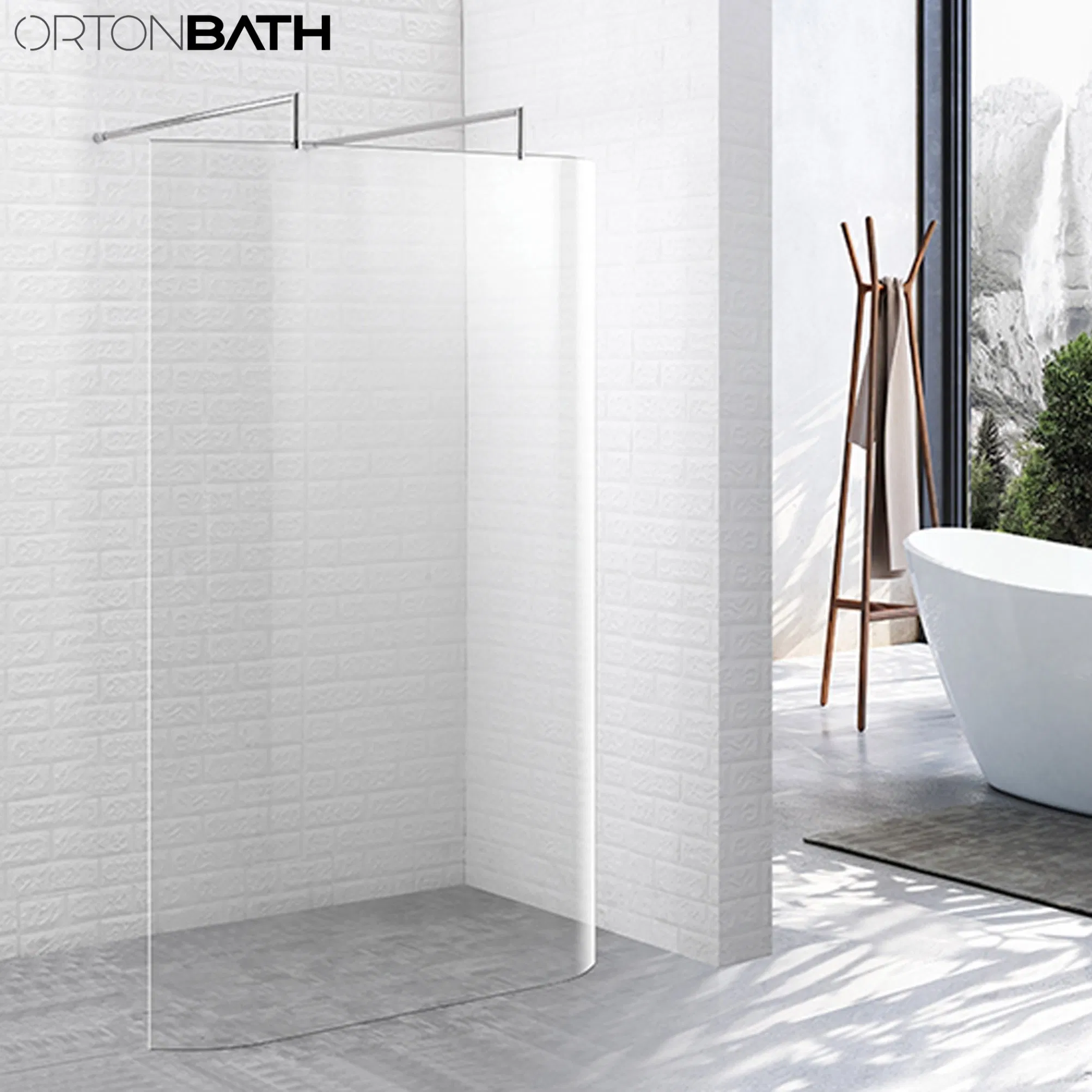 Ortonbath Walk in Single Door Glass Pivot Fixed Frameless Thick Customizable Tempered Glass Bathroom Shower Enclosure Screen with Two Support Bar