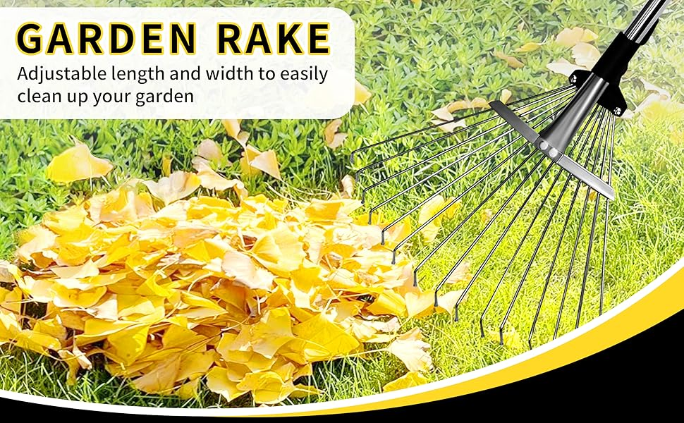 Adjustable Metal-Leaf Rake with Telescopic Handle - Lawn & Garden Tool for Grass & Leaves