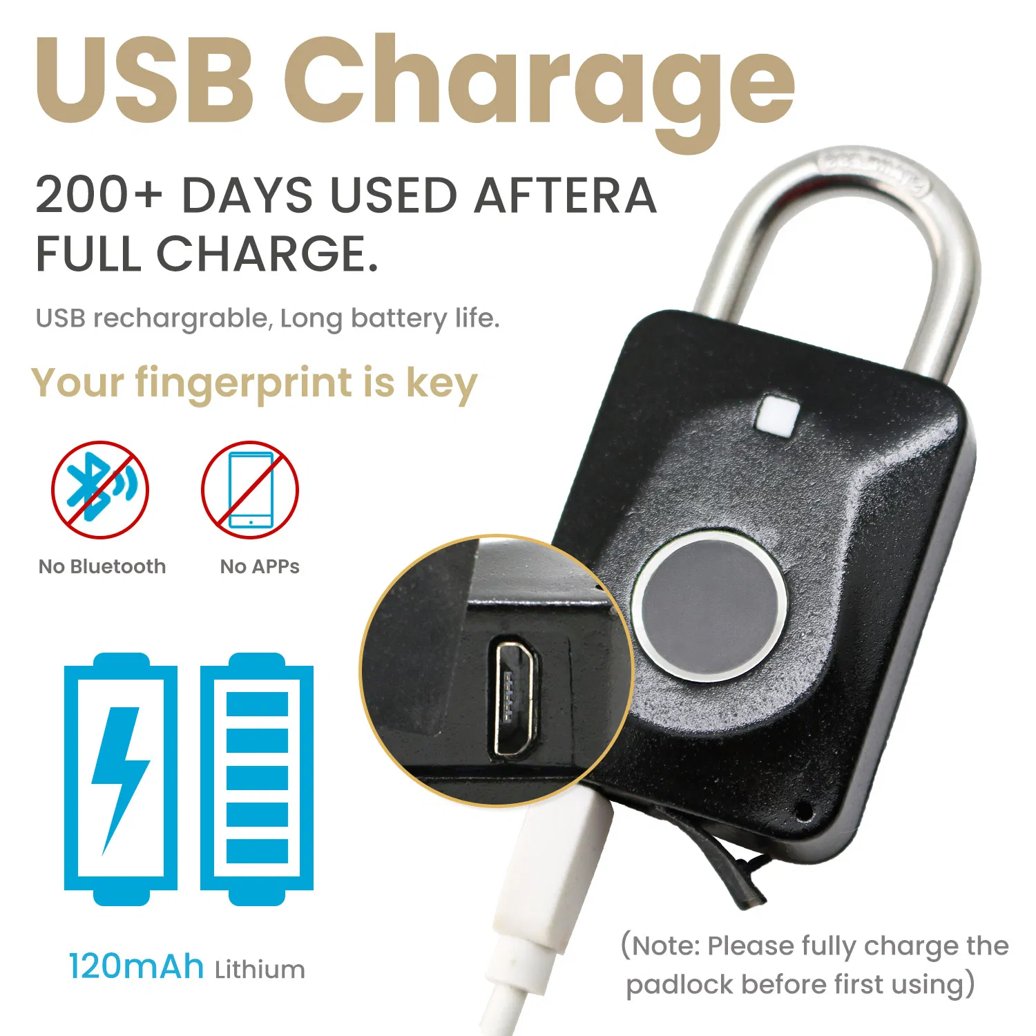 35mm Fingerprint Padlock Smart Lock with USB Charging for Bags Luggage Suitcases Locker