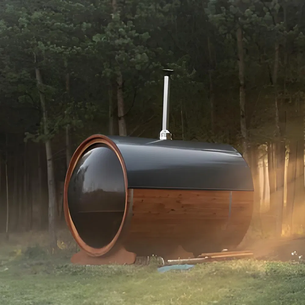 Уличная бочкообразная сауна с подогревом для дачи