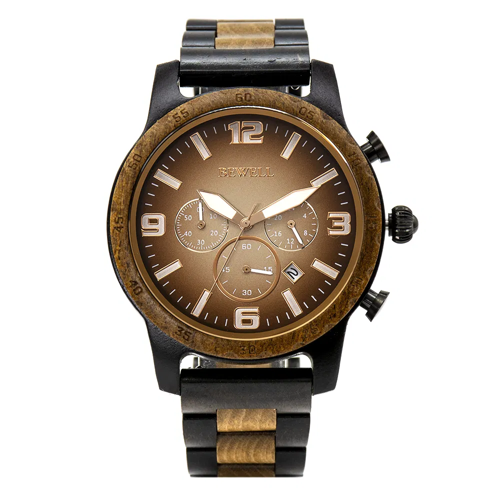 Hot Selling Black&Coffee Color Dyed Wood Gradual Dial Chronograph Watch