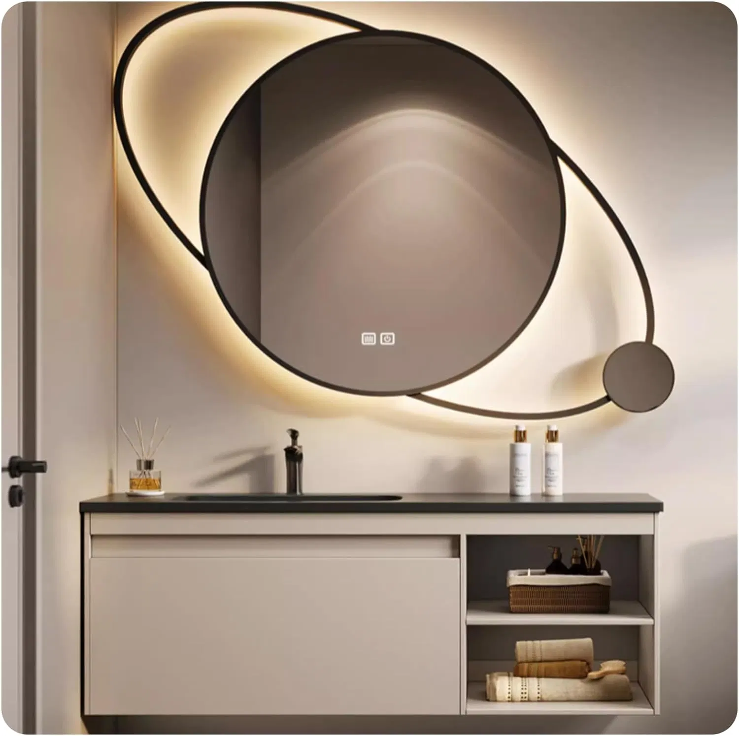 Jh Glass Irregular Stainless Steel Metal Framed with Lights Smart LED Illuminated Lighted Mirror for Bathroom