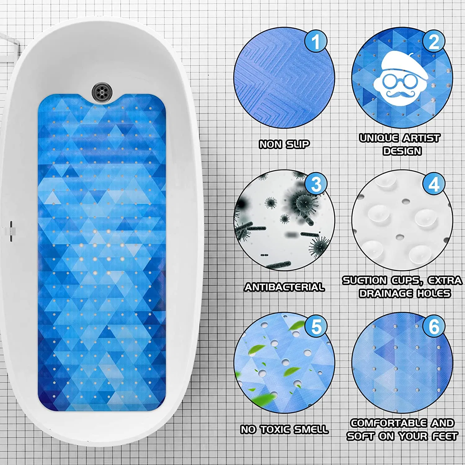 Modern Bathtub Mat Non Slip for Shower Tub - Multi Colored Bath Mats with Unique Decorative Artisan Designs for Adults Kids Baby with Cup