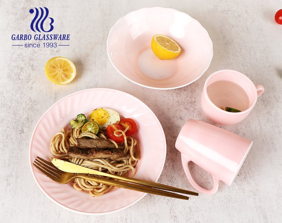 Wholesale Pink Spray Color Opal Glass Dinnerware Set Opal Glass Sets Mug Plates Bowl Set