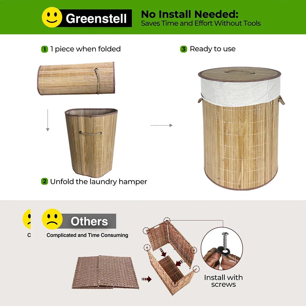 Foldable Large Bamboo Laundry Basket with Liner with Lid and Handle