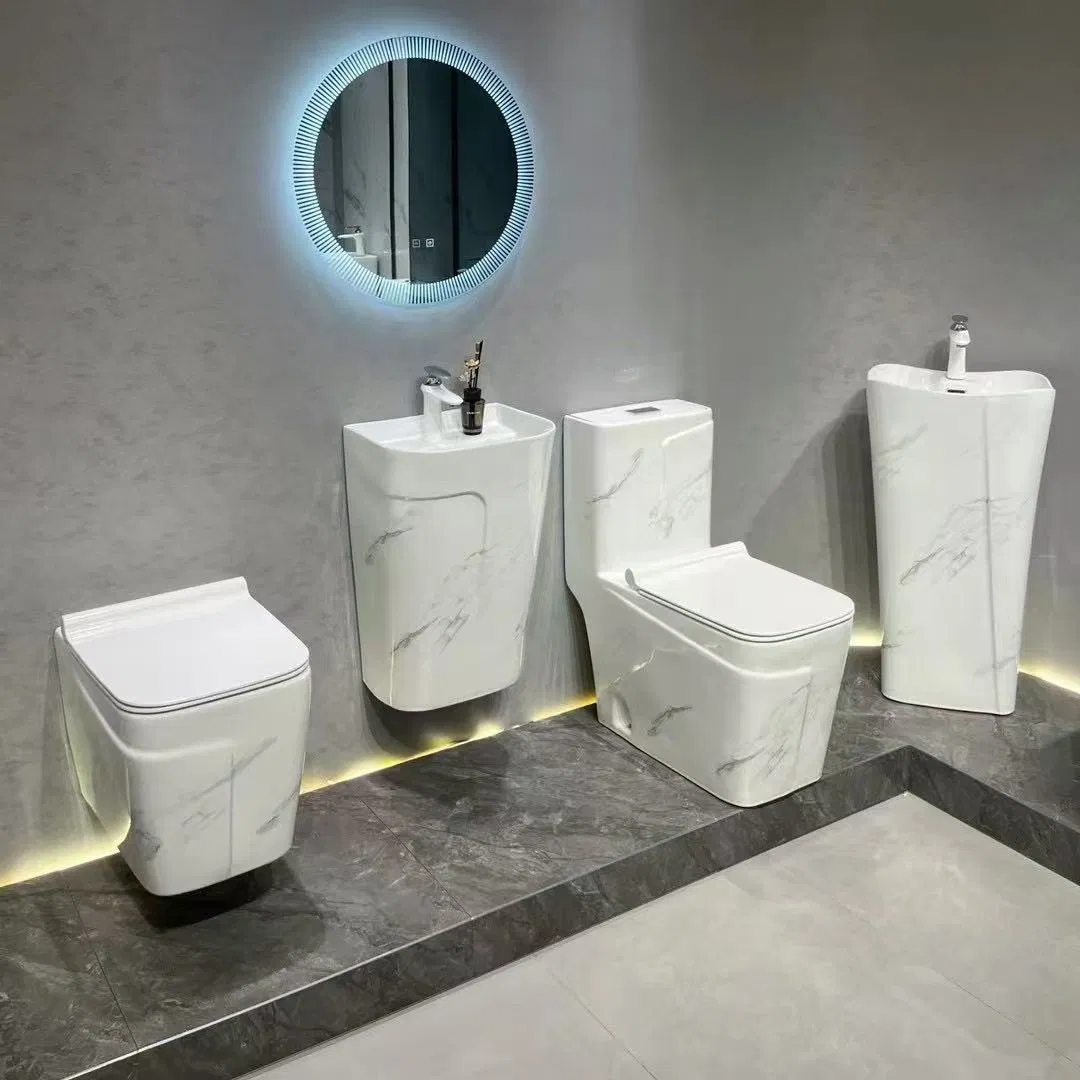2025 Chaozhou Factory Wholesale Black White Marble Color Ceramic Bathroom Wall Hung Water Closet Flush Toilet with Wash Basin