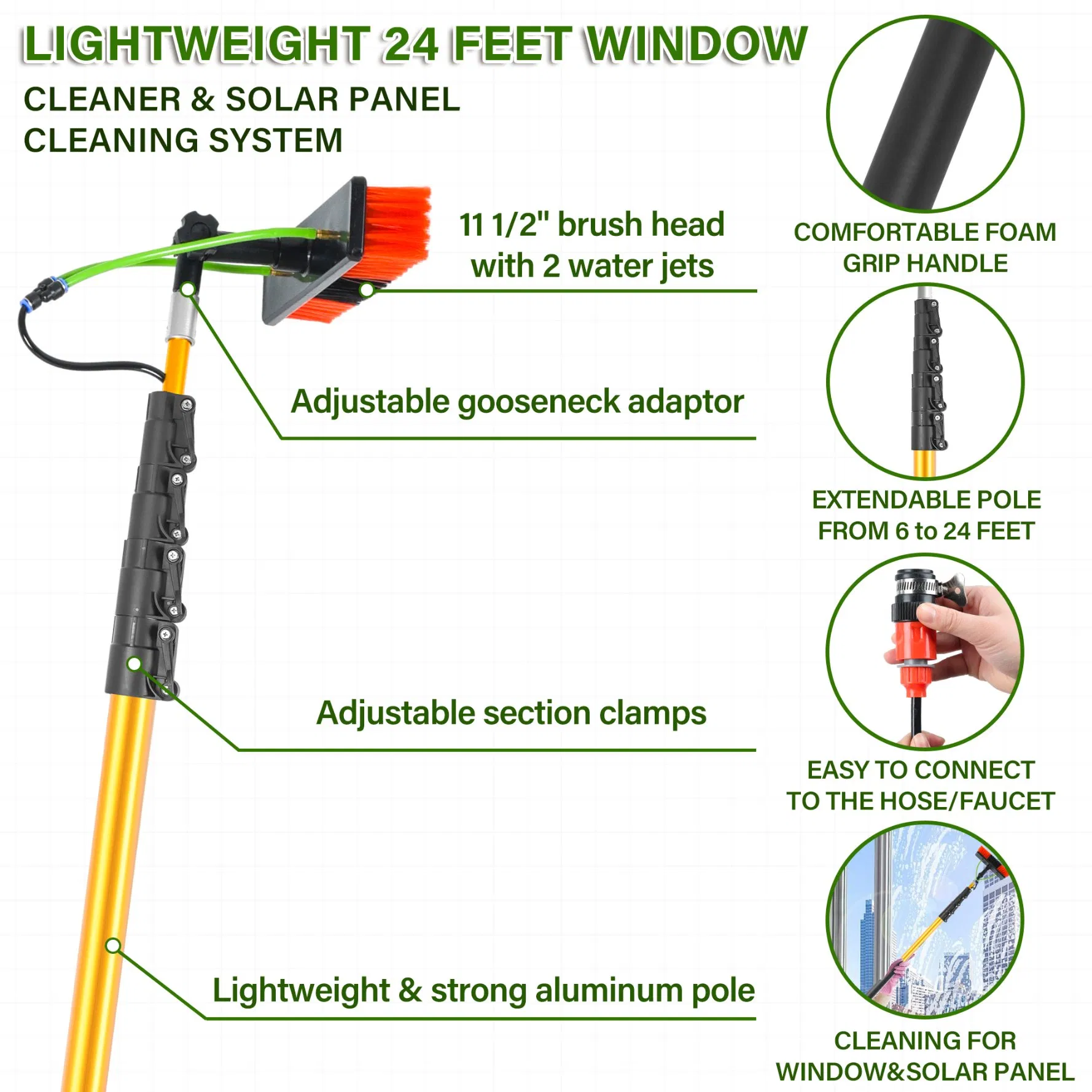 12FT Brushes with Built-in Water Pipes Solar Panels Windows and Vehicle Cleaning
