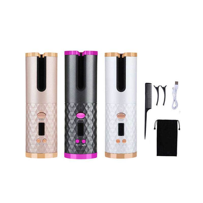 Portable Auto Wireless USB Ceramic Hair Curler Mini Cordless Rechargeable LCD Temperature PTC Rotating Automatic Curling Iron
