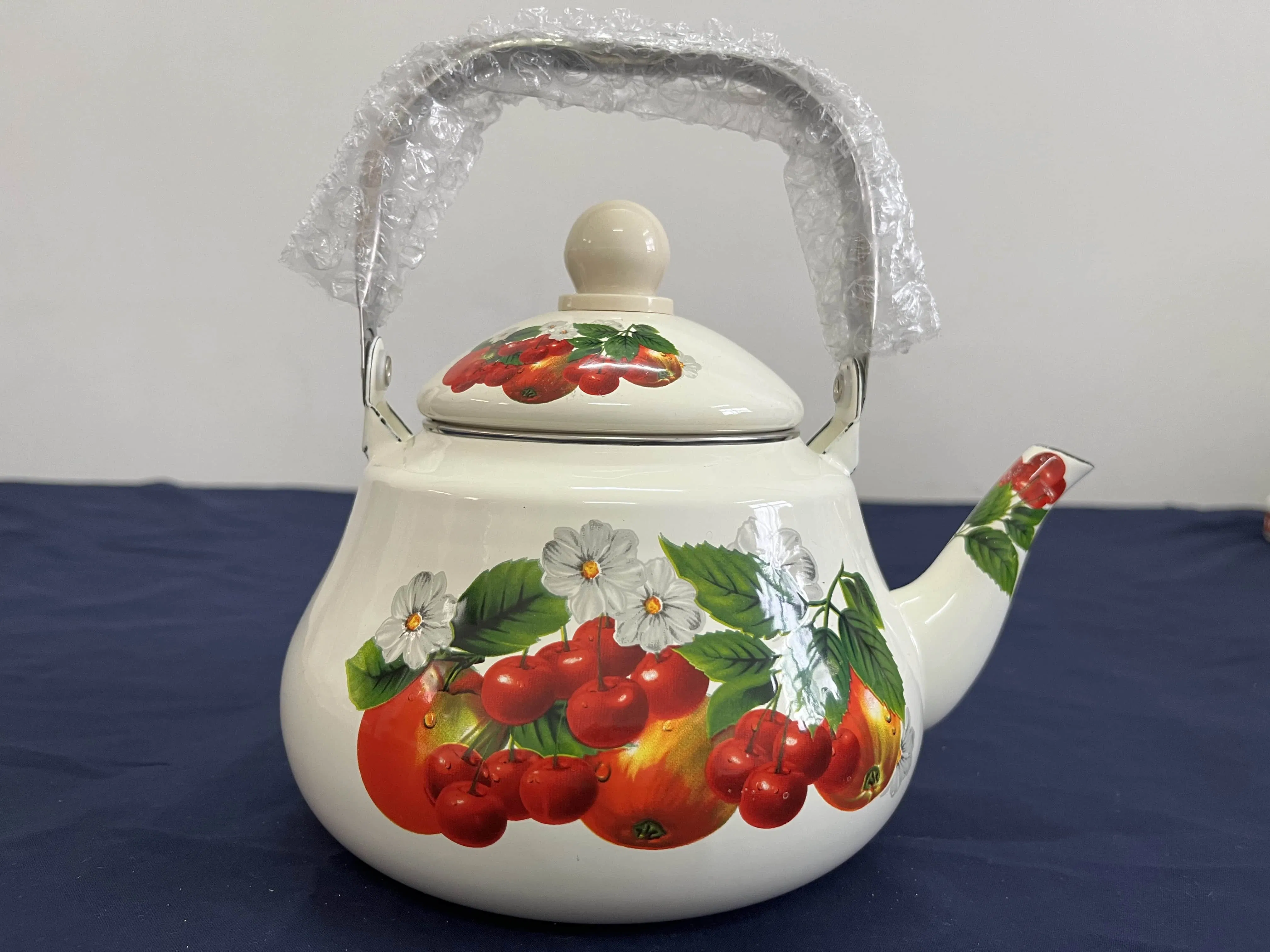Cream White Hawthorn Print Enamelled Teapot with Stainless Steel Handle Can Be Customized