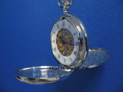 Customized Luxury Classic Dual Open Silver Skeleton Mechanical Pocket Watch with Metal Chain