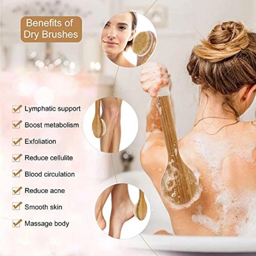 Long Handle Curved Wooden Back Washer for Men and Women Shower Bath Brush