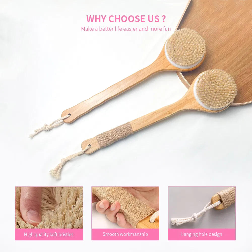 Boar Bristle Wood Long Handle Dry Wet Shower Brushes Wooden Soft Comfortable Bath Body Back Brush