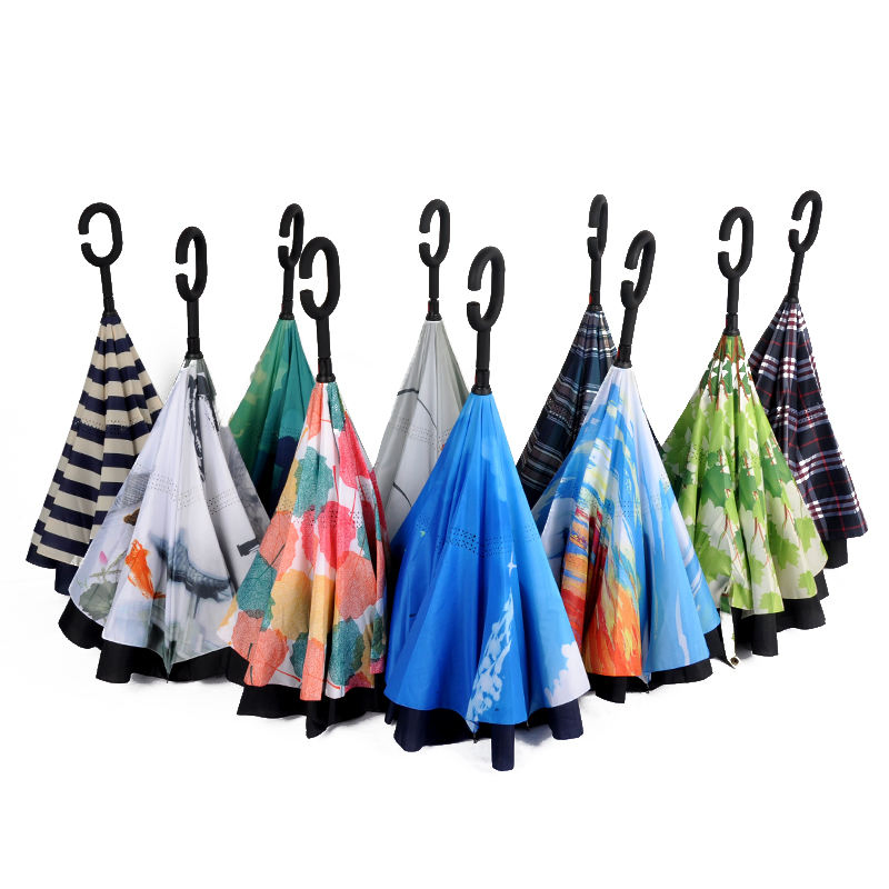 Customized Double Layer Windproof Inside out C Shape Handle Inverted Reverse Umbrella