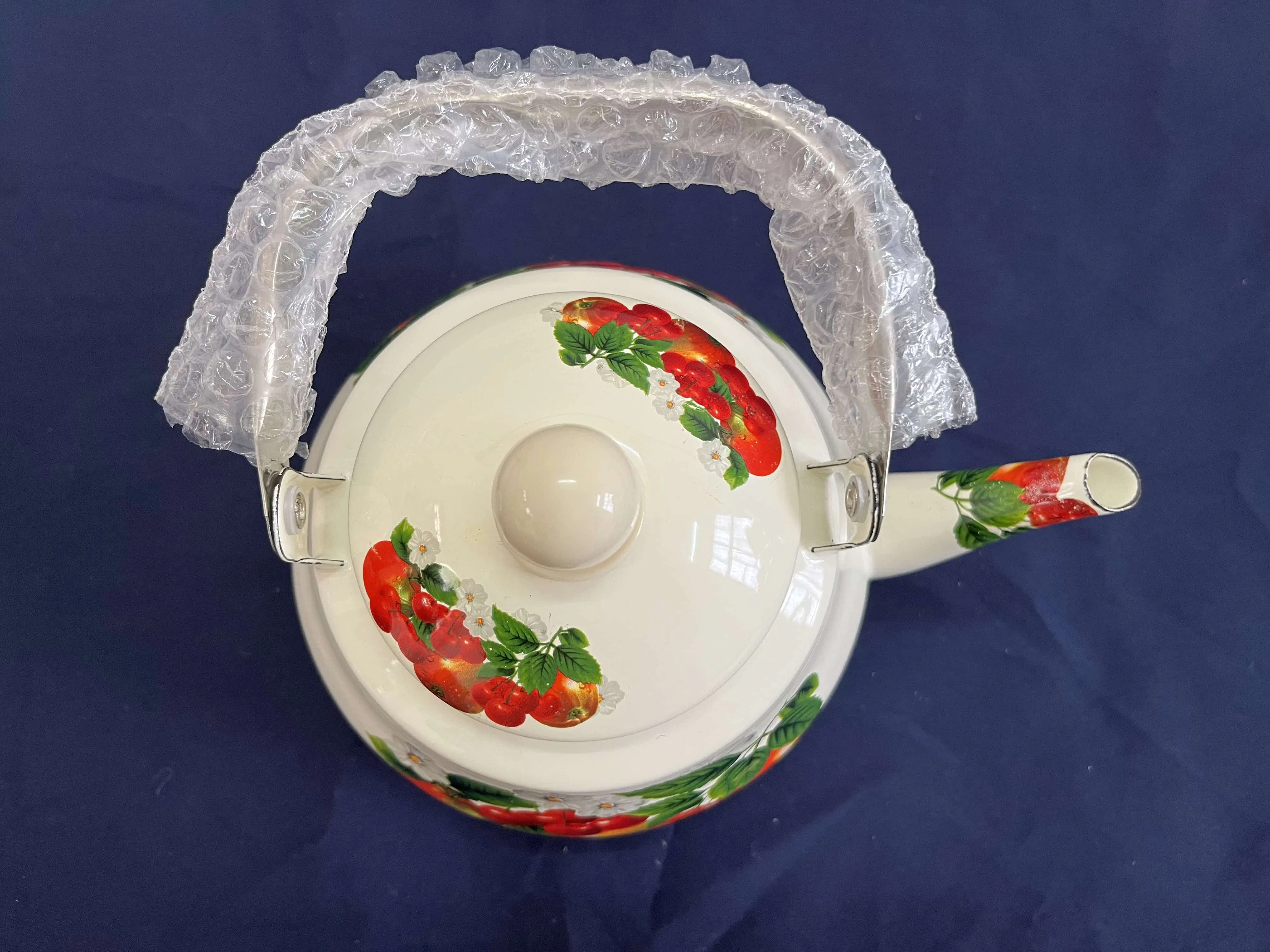 Cream White Hawthorn Print Enamelled Teapot with Stainless Steel Handle Can Be Customized