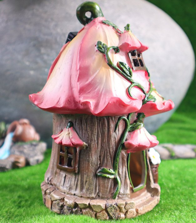 Garden Landscape Resin Mushroom Pink House with Solar Light Figurine
