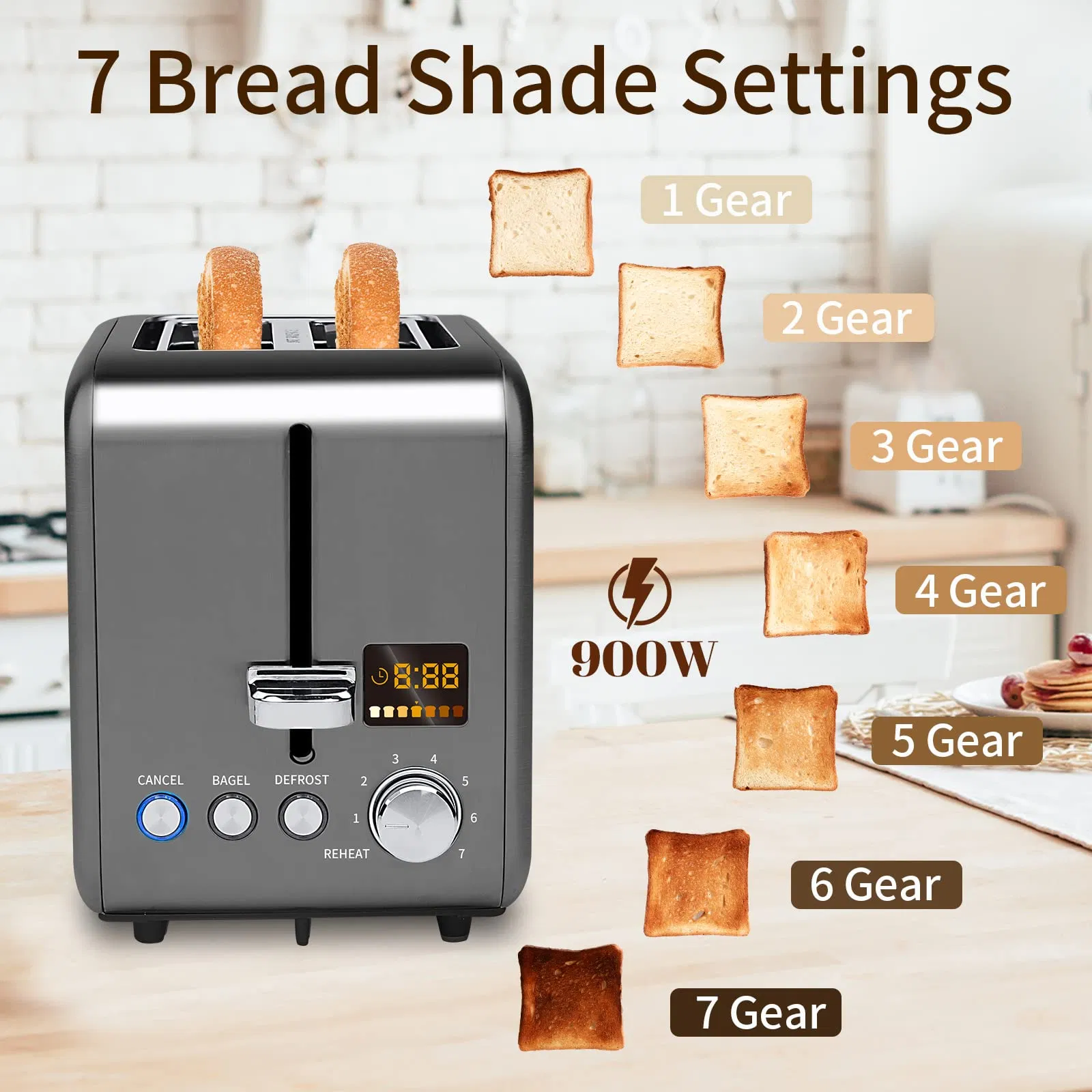 Factory Outlet 900W Wide Slots 2 Slice Stainless Steel Bread Toaster