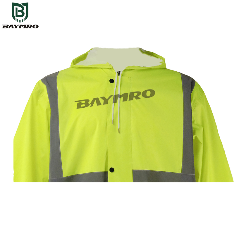 High Visibility Reflective Waterproof PVC Rain Wear Long Raincoat with Hood Reflective Mackintosh Coat