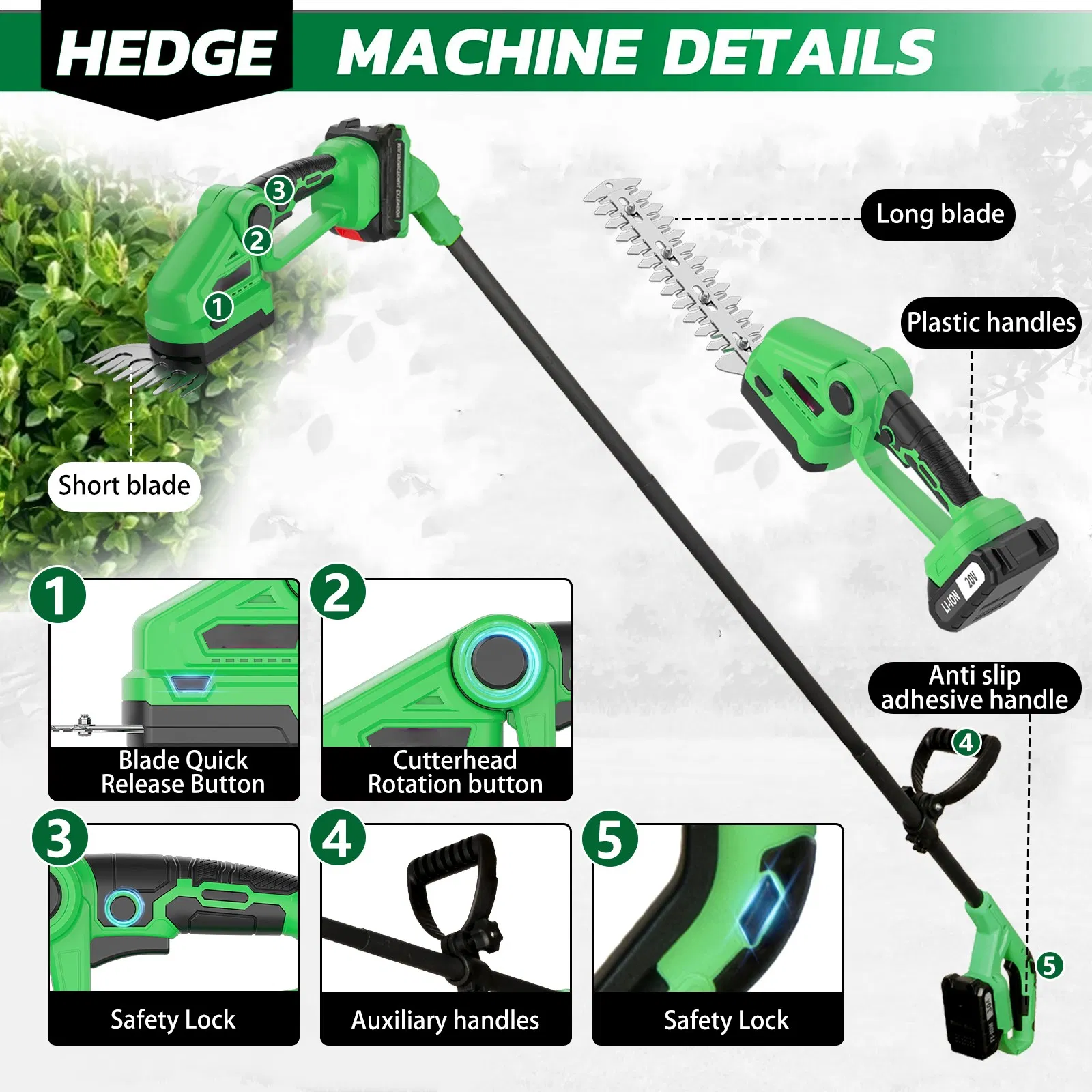 20V Cordless Hedge Trimmer with Long Pole, and 2 in 1 Hedge Trimmer, Support OEM/ODM
