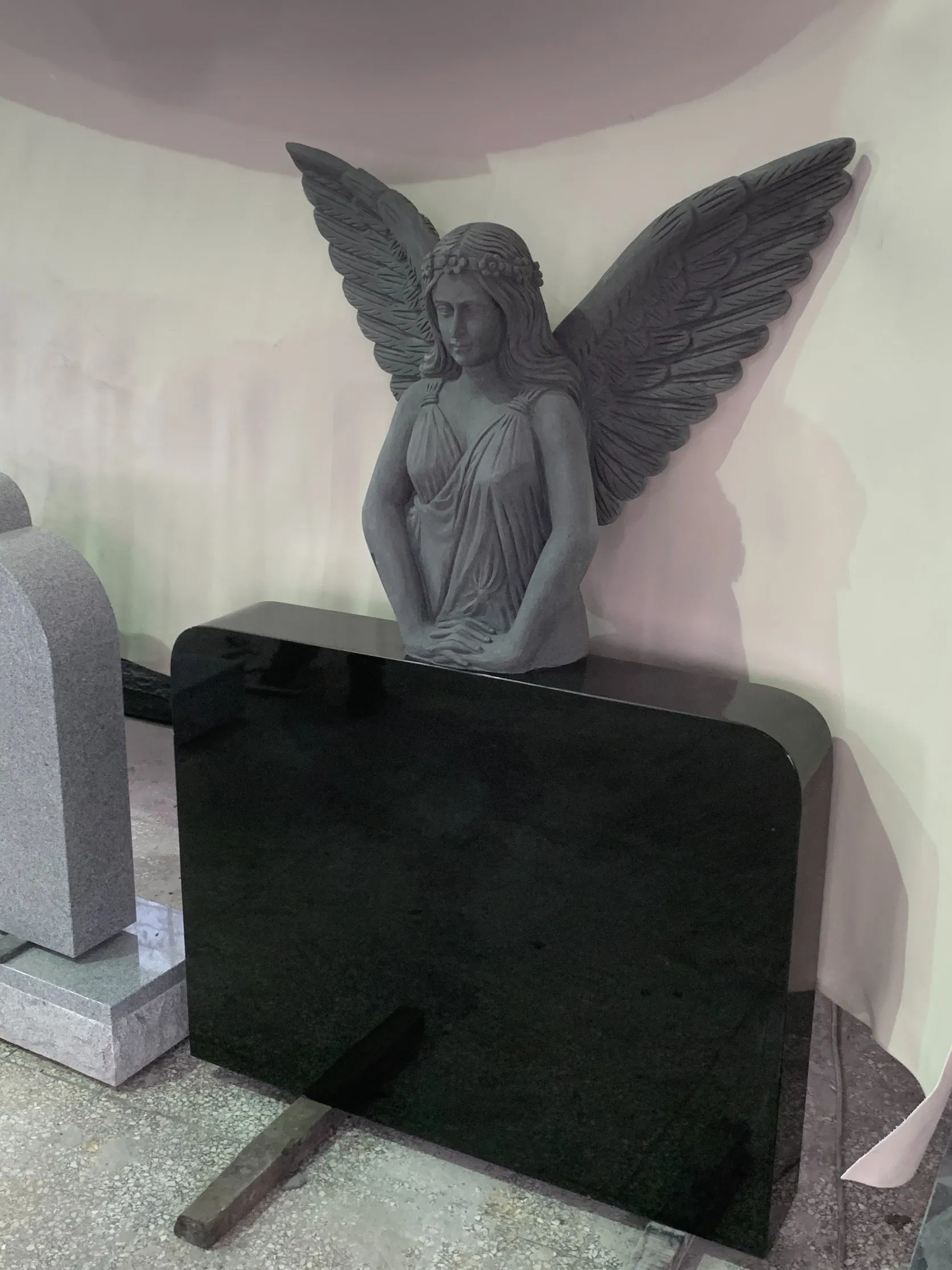 Black Galaxy Granite Tombstone Angel with Heart Headstone