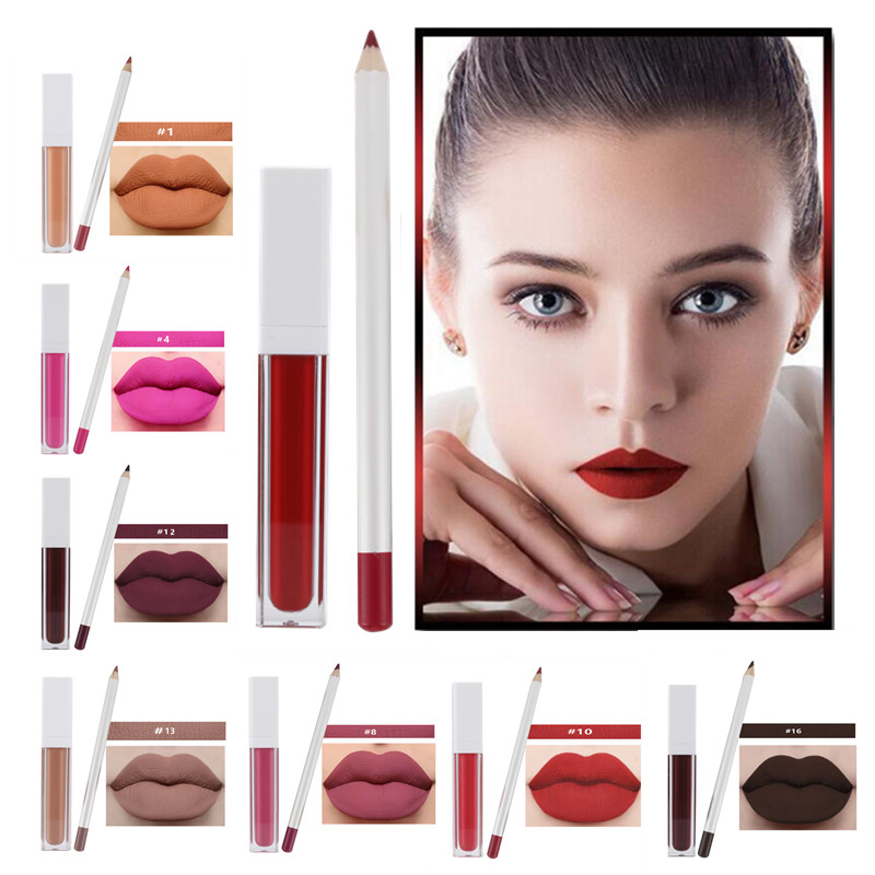 2PCS\Set Lips Makeup Kit Waterproof Long Lasting Liquid Lipgloss Lipstick with Lipliner Pencil Makeup Set