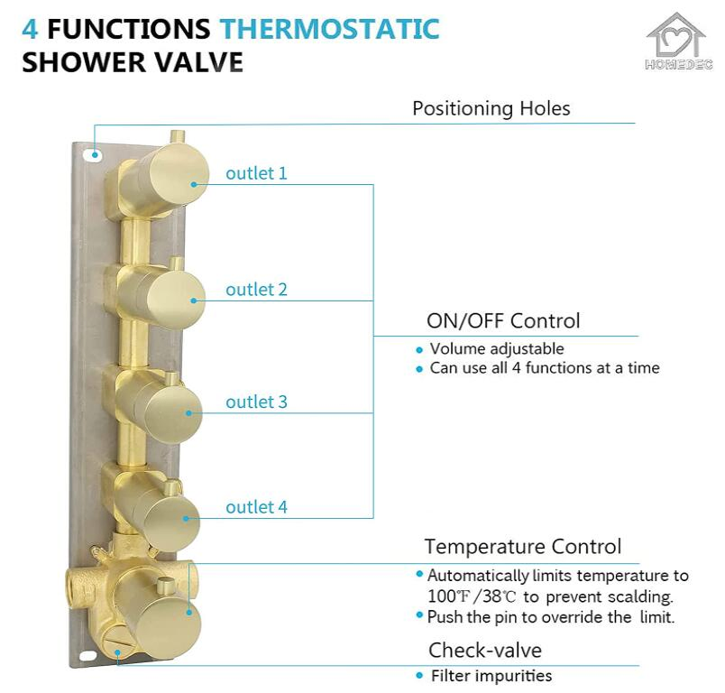 Brushed Gold Thermostatic Shower Mixing Valve with Diverter for 4 Position Shower