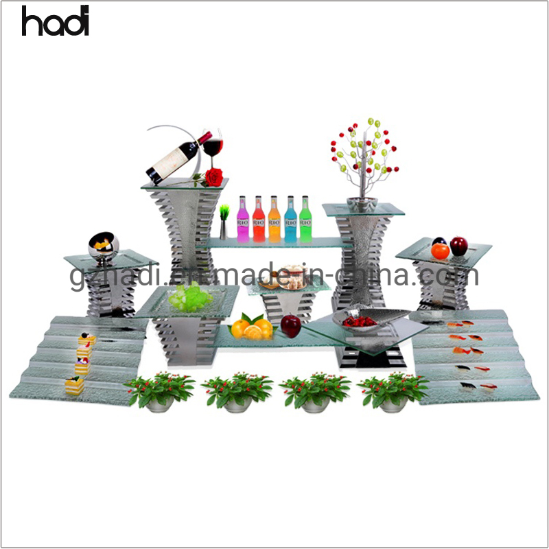Hadi Luxury Catering Utensils Stainless Ssteel Buffet Ware Elevation Dessert Table Risers Modern Display Racks Square Buffet Food Display Stand Wedding