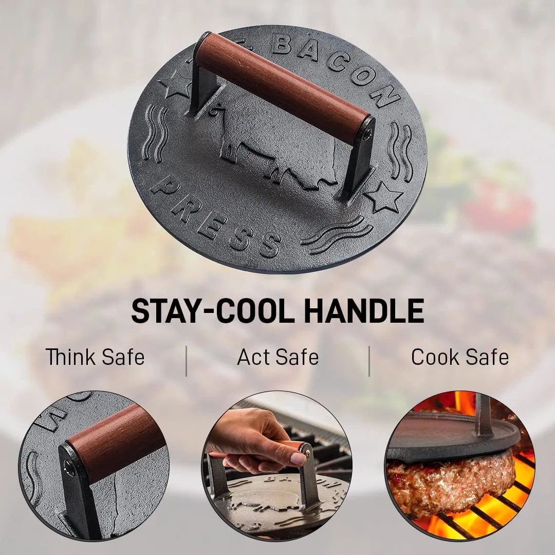 Meat Steak Burger Press Rectangle Heavy Duty Cast Iron Griddle Smash Bacon Press with Wood Handle