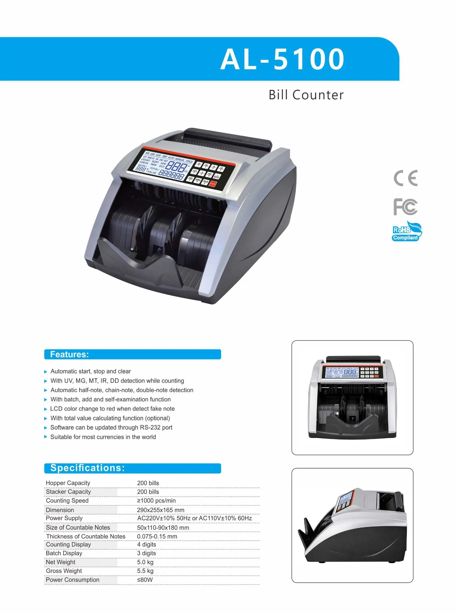 Al-5100 Low Noise Superior Counting Machine Automatic Money Counter