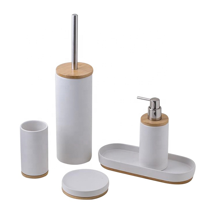 New Manufacturer White Modern Ceramic and Bamboo Bathroom Set Bath Tray with Bamboo Base
