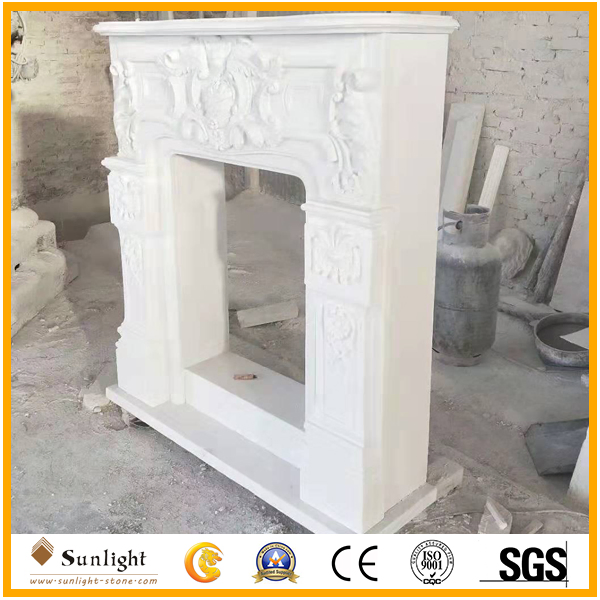 Electric Fireplace Mantel Surround, Natural Pure White Marble Hand Carved Fireplace