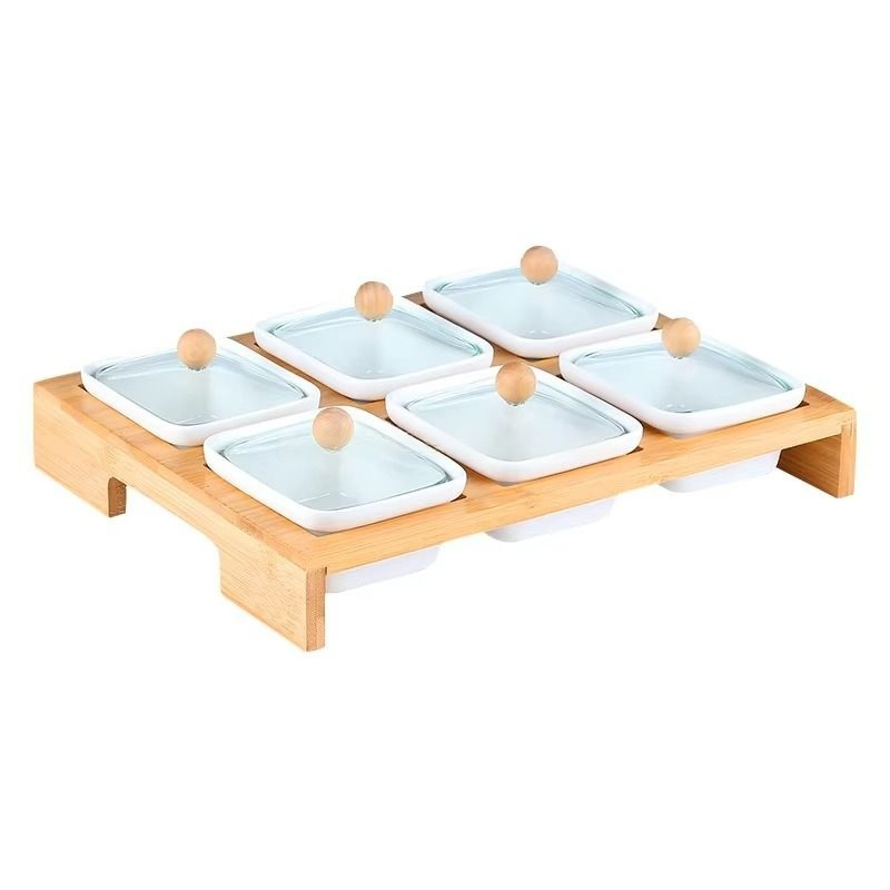 White Ceramic Snack Dishes Presented on Bamboo Board Serving Platter Tray with 6 Ceramic Snack Nibbles Bowls